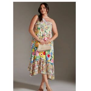 Anthropologie Sarah Campbell One-Shoulder Floral Midi Dress